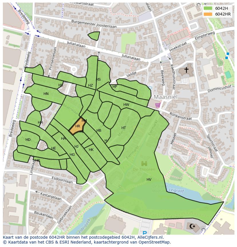 Afbeelding van het postcodegebied 6042 HR op de kaart.