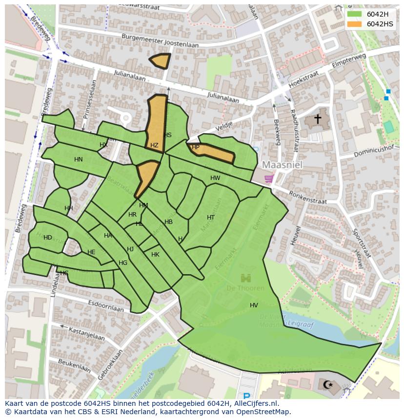 Afbeelding van het postcodegebied 6042 HS op de kaart.