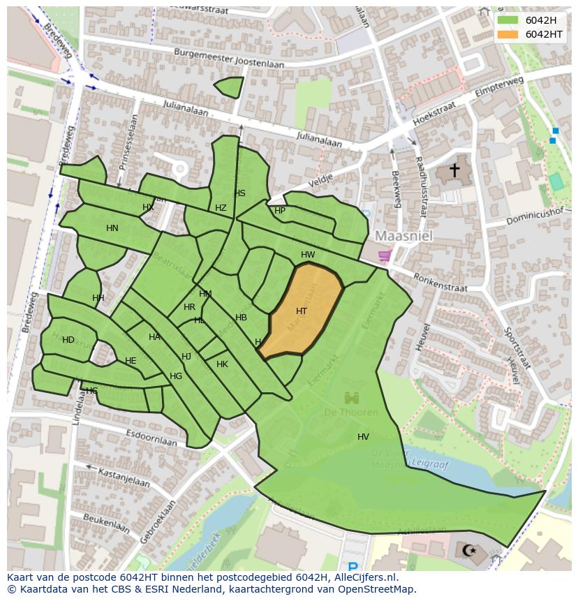 Afbeelding van het postcodegebied 6042 HT op de kaart.
