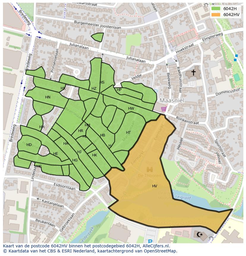 Afbeelding van het postcodegebied 6042 HV op de kaart.