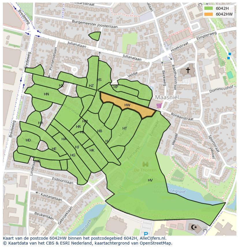 Afbeelding van het postcodegebied 6042 HW op de kaart.