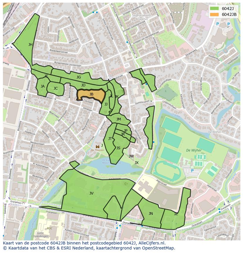 Afbeelding van het postcodegebied 6042 JB op de kaart.