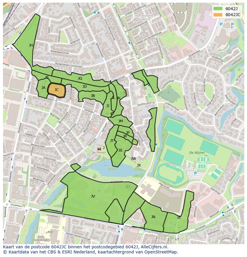 Afbeelding van het postcodegebied 6042 JC op de kaart.