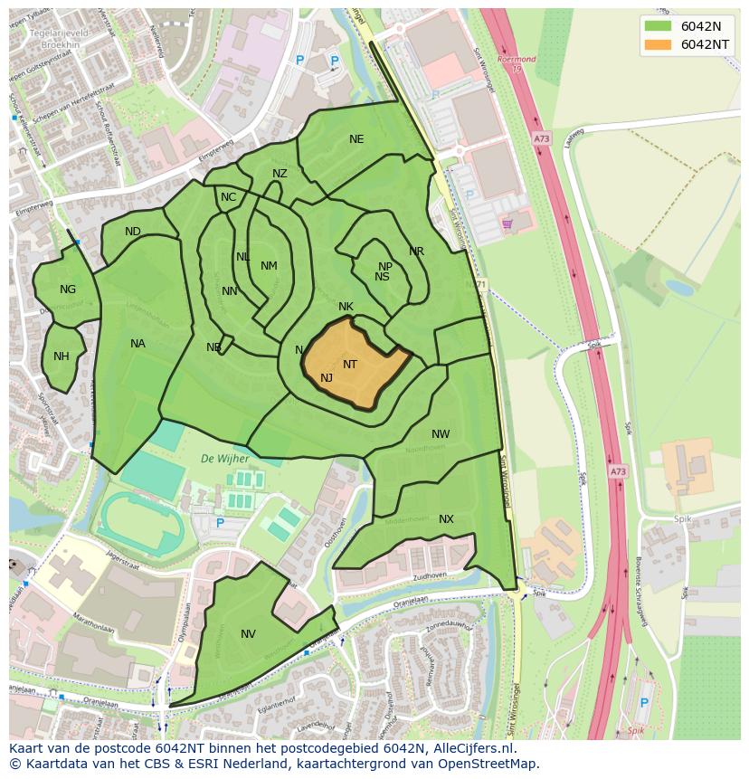Afbeelding van het postcodegebied 6042 NT op de kaart.