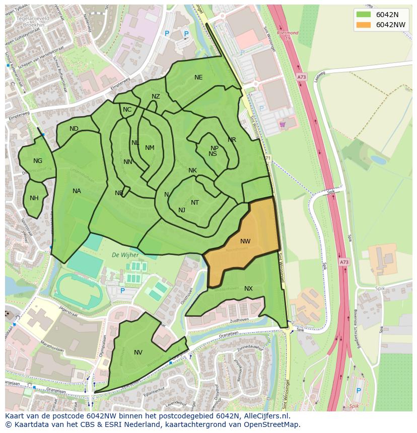 Afbeelding van het postcodegebied 6042 NW op de kaart.