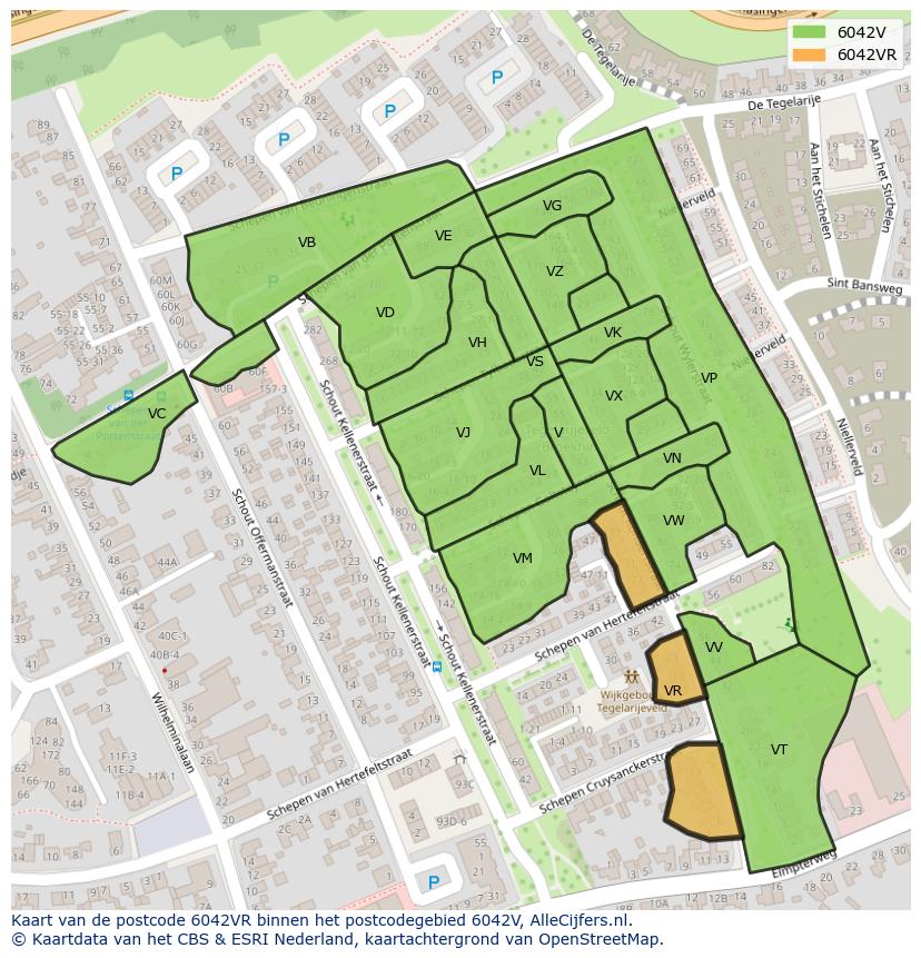 Afbeelding van het postcodegebied 6042 VR op de kaart.