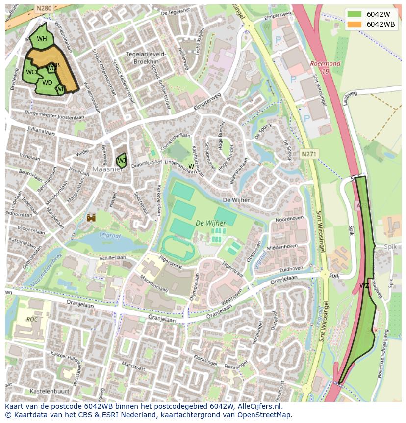 Afbeelding van het postcodegebied 6042 WB op de kaart.
