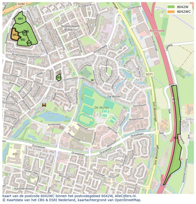 Afbeelding van het postcodegebied 6042 WC op de kaart.