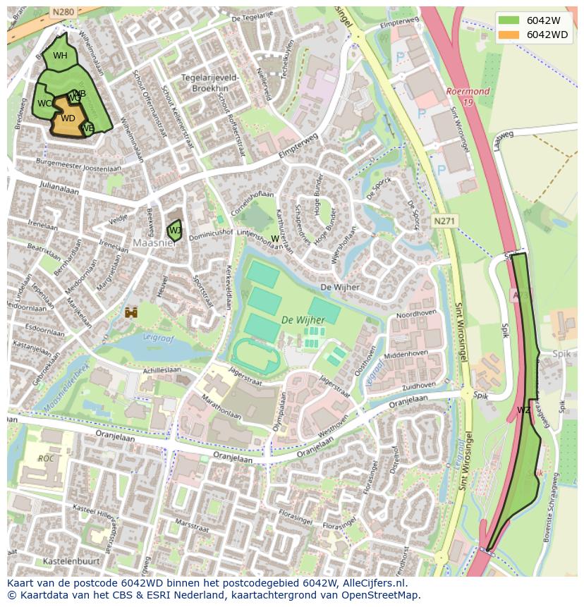 Afbeelding van het postcodegebied 6042 WD op de kaart.
