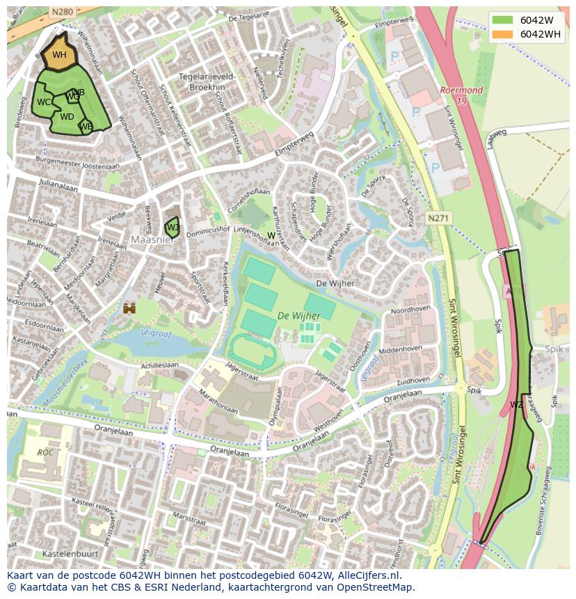 Afbeelding van het postcodegebied 6042 WH op de kaart.