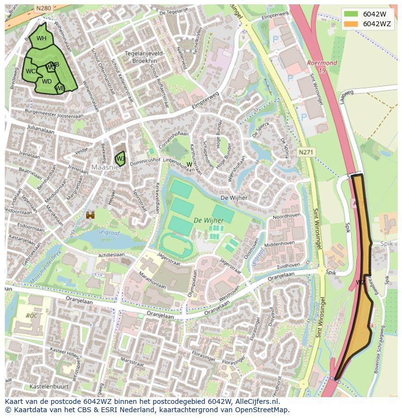 Afbeelding van het postcodegebied 6042 WZ op de kaart.
