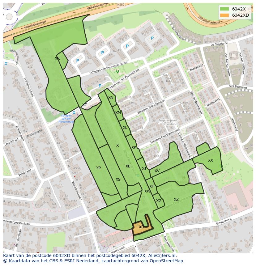 Afbeelding van het postcodegebied 6042 XD op de kaart.