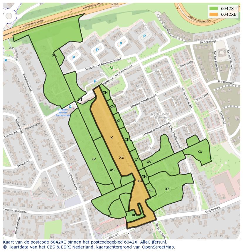 Afbeelding van het postcodegebied 6042 XE op de kaart.