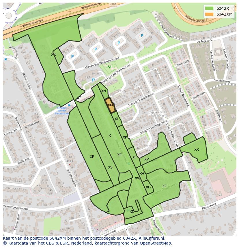 Afbeelding van het postcodegebied 6042 XM op de kaart.