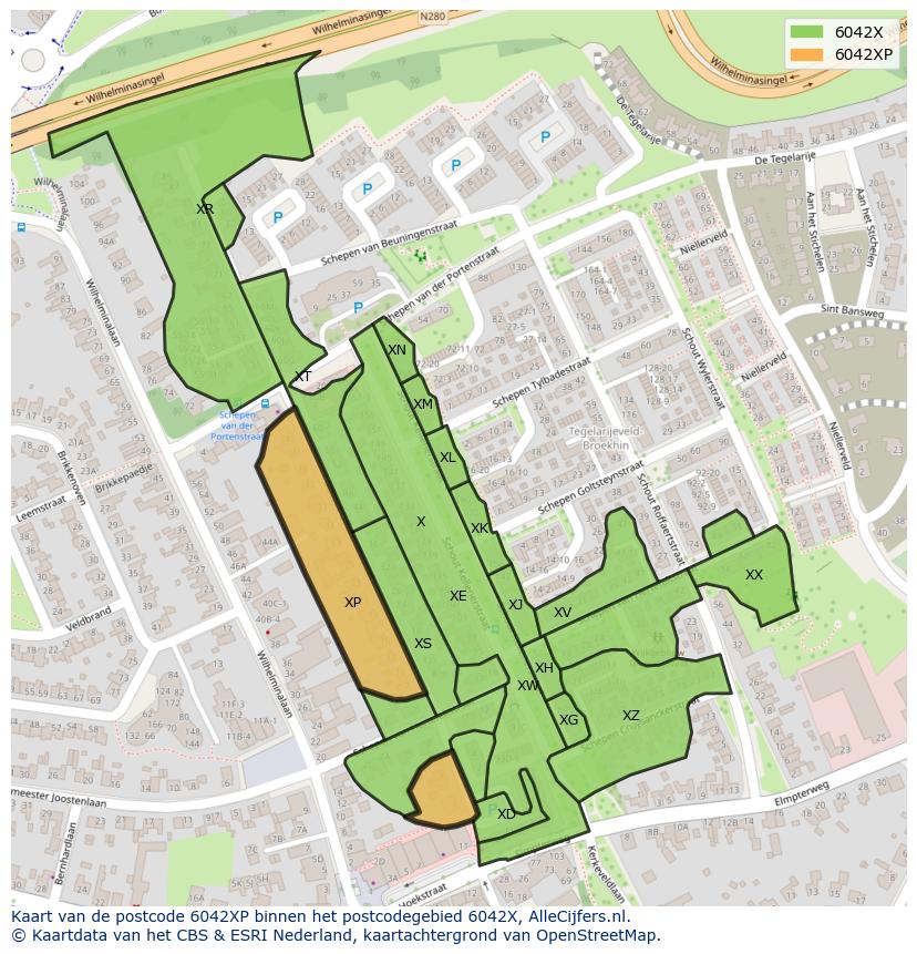Afbeelding van het postcodegebied 6042 XP op de kaart.