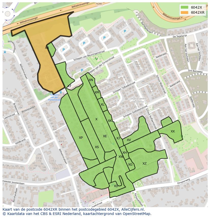 Afbeelding van het postcodegebied 6042 XR op de kaart.