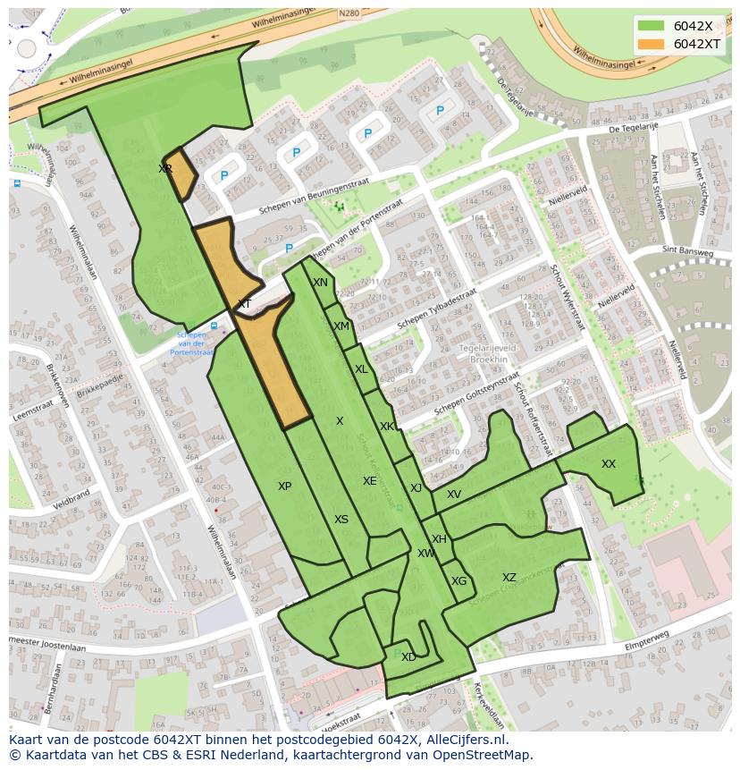 Afbeelding van het postcodegebied 6042 XT op de kaart.