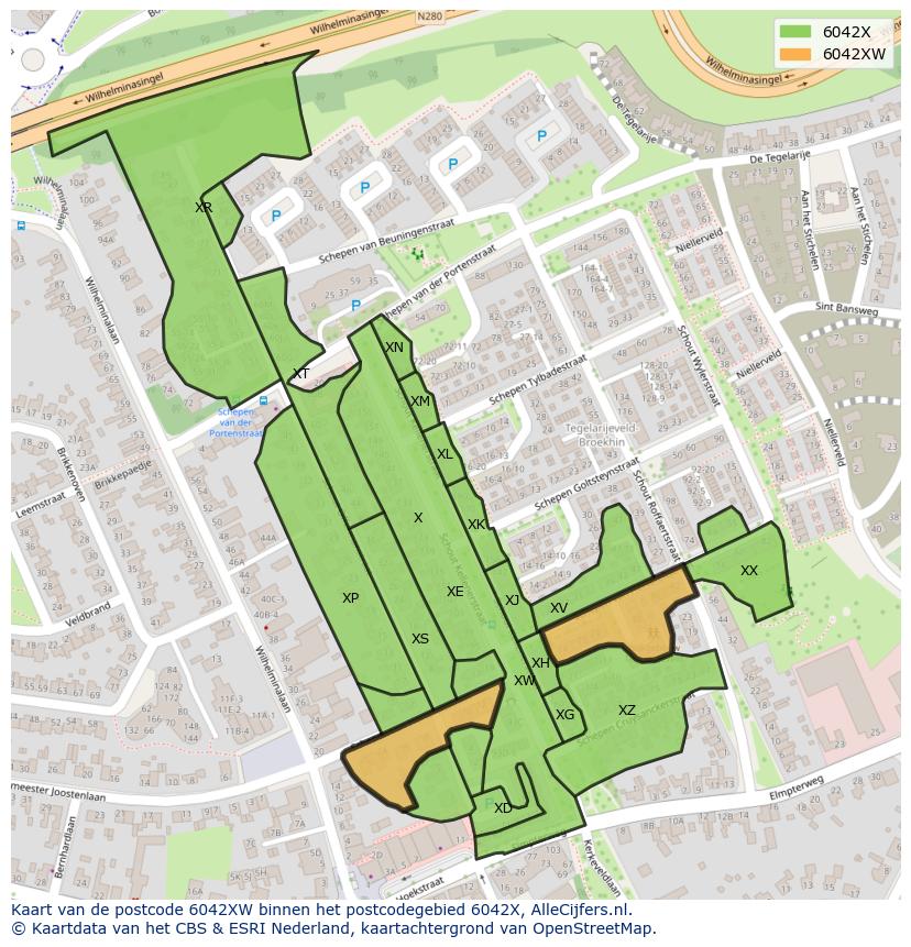 Afbeelding van het postcodegebied 6042 XW op de kaart.