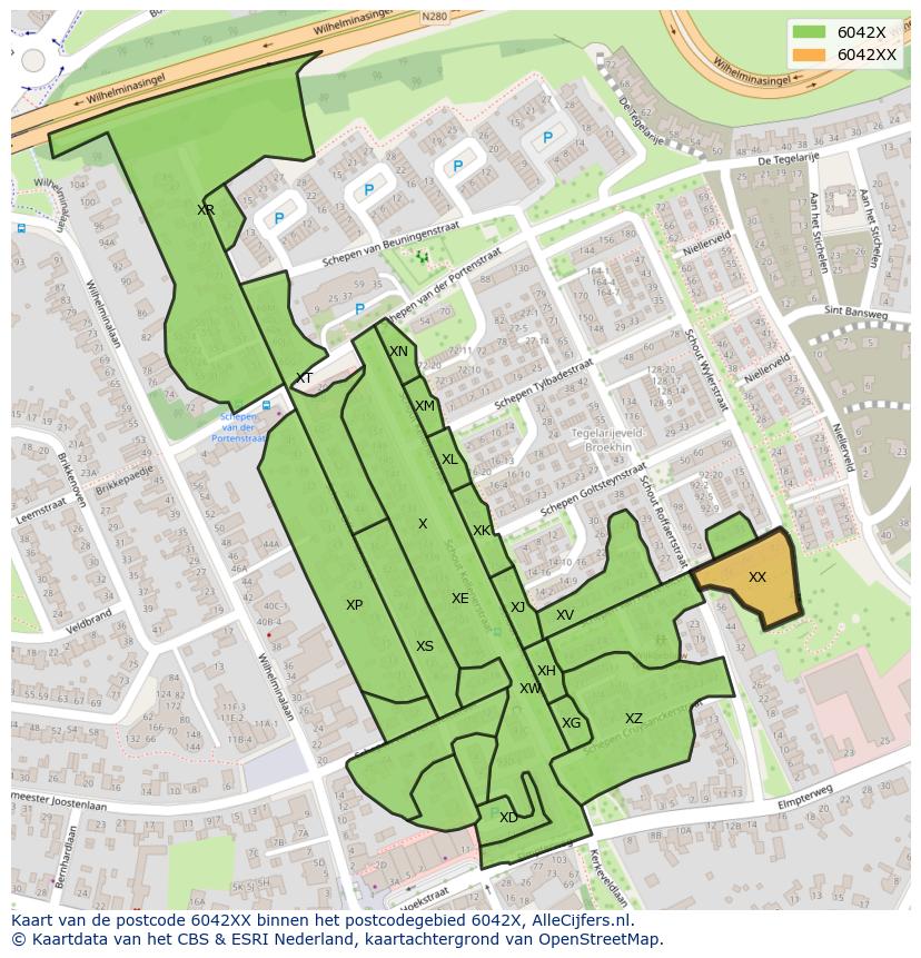 Afbeelding van het postcodegebied 6042 XX op de kaart.