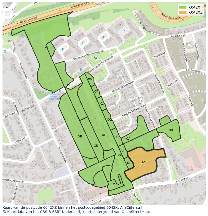 Afbeelding van het postcodegebied 6042 XZ op de kaart.