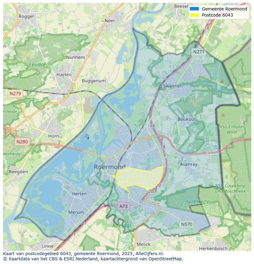 Afbeelding van het postcodegebied 6043 op de kaart.