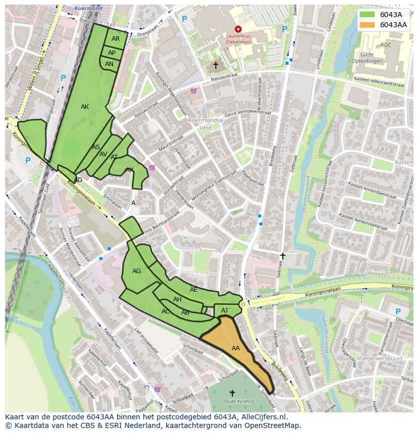 Afbeelding van het postcodegebied 6043 AA op de kaart.