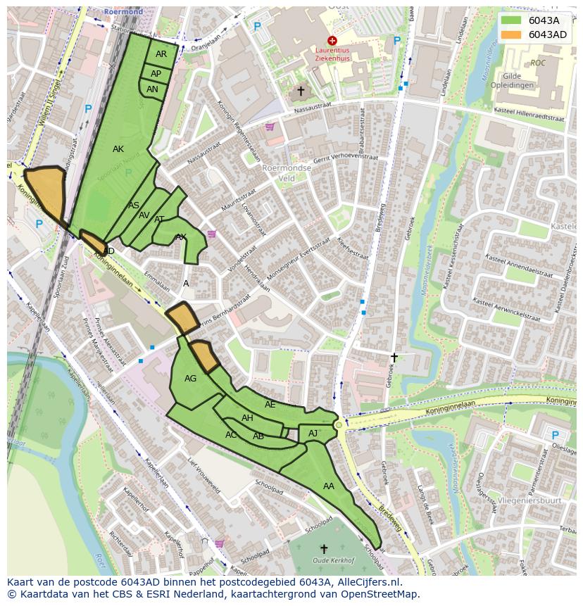 Afbeelding van het postcodegebied 6043 AD op de kaart.