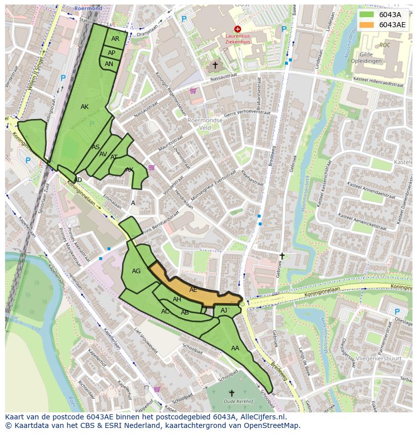 Afbeelding van het postcodegebied 6043 AE op de kaart.