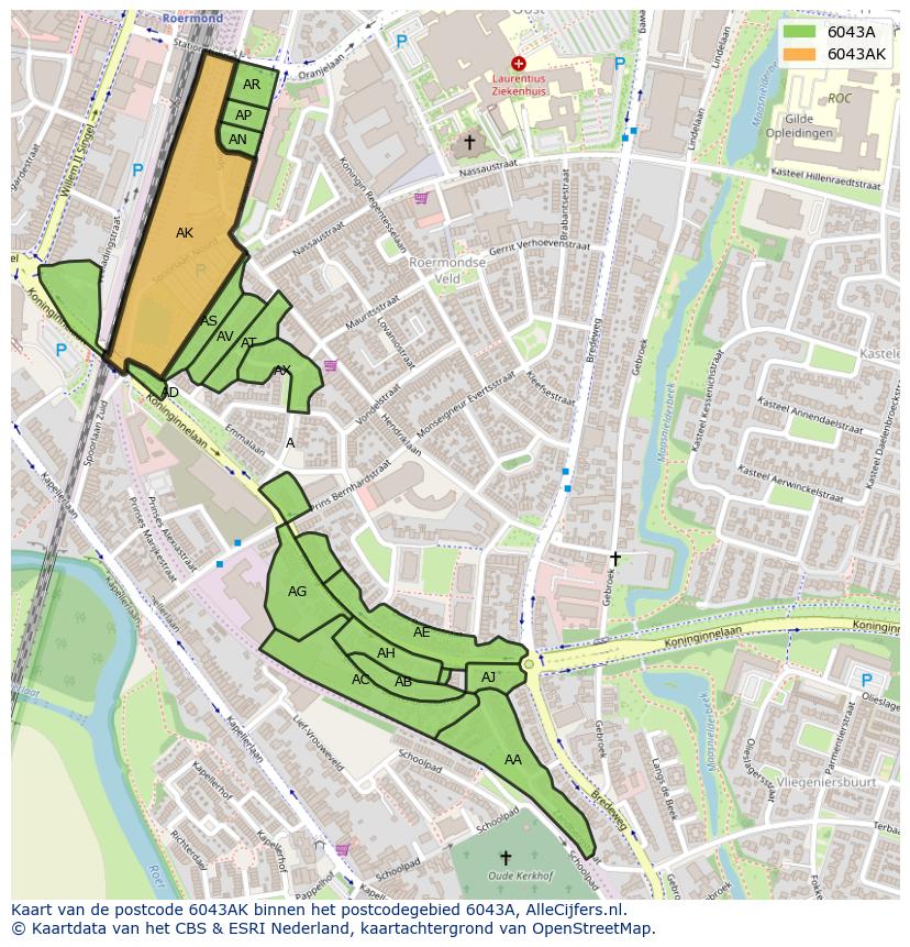Afbeelding van het postcodegebied 6043 AK op de kaart.