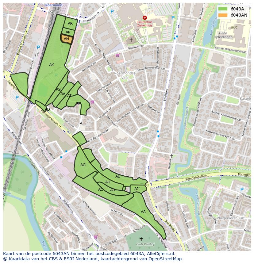 Afbeelding van het postcodegebied 6043 AN op de kaart.