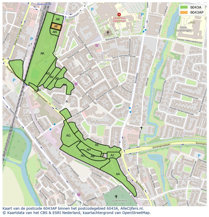 Afbeelding van het postcodegebied 6043 AP op de kaart.