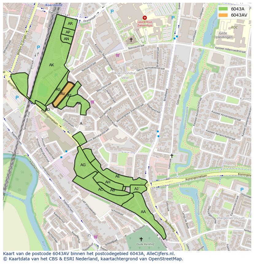 Afbeelding van het postcodegebied 6043 AV op de kaart.