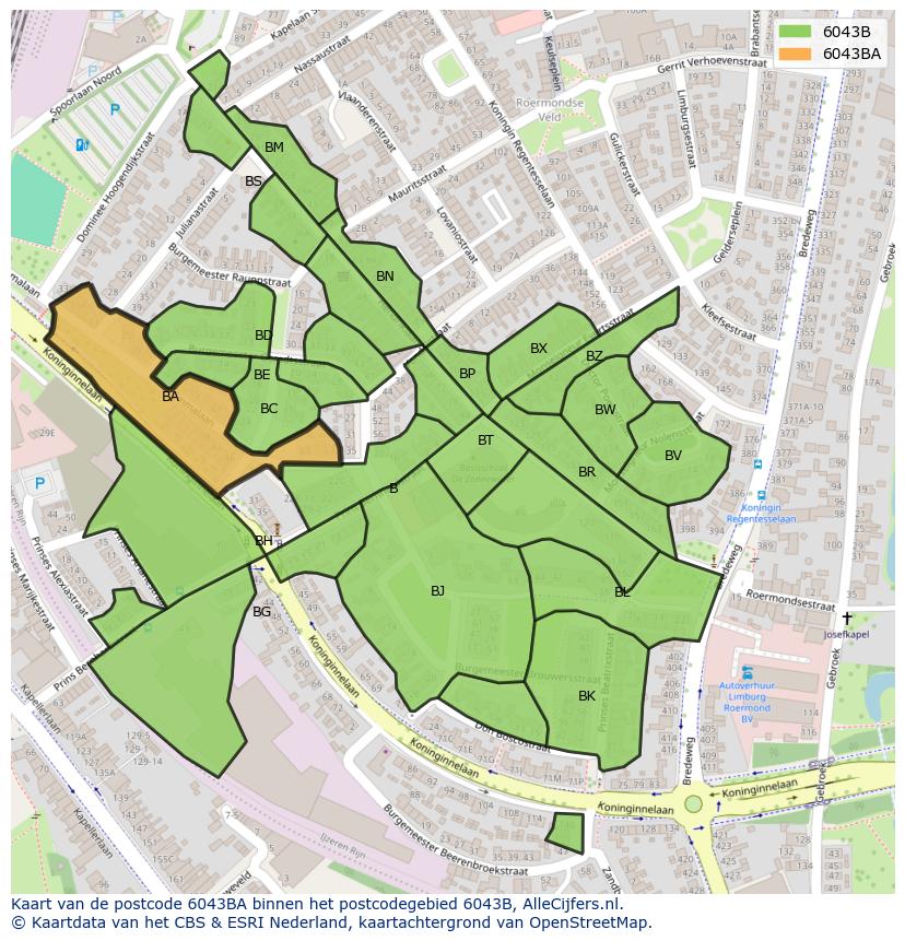 Afbeelding van het postcodegebied 6043 BA op de kaart.