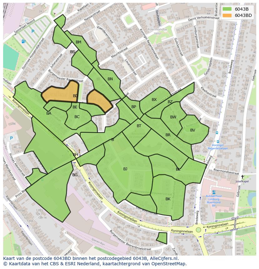 Afbeelding van het postcodegebied 6043 BD op de kaart.