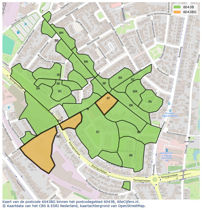 Afbeelding van het postcodegebied 6043 BG op de kaart.