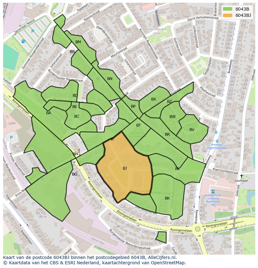 Afbeelding van het postcodegebied 6043 BJ op de kaart.