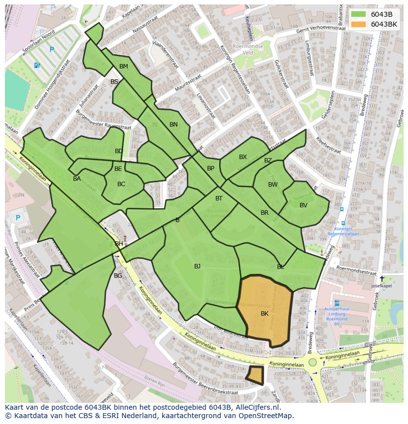 Afbeelding van het postcodegebied 6043 BK op de kaart.