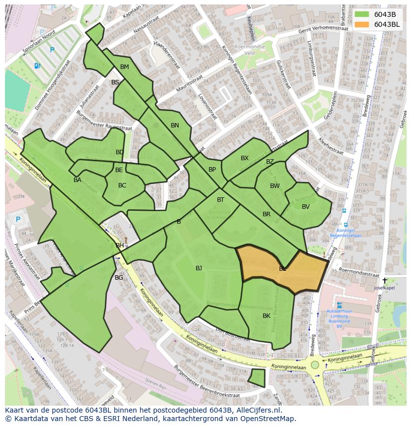 Afbeelding van het postcodegebied 6043 BL op de kaart.