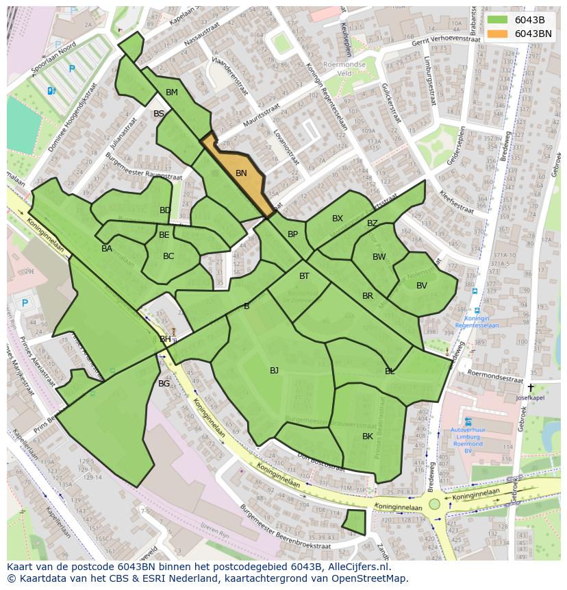 Afbeelding van het postcodegebied 6043 BN op de kaart.