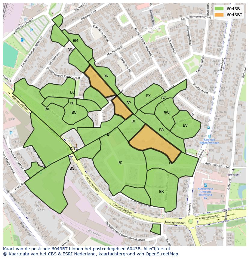 Afbeelding van het postcodegebied 6043 BT op de kaart.