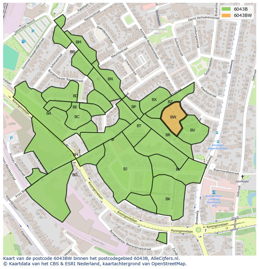 Afbeelding van het postcodegebied 6043 BW op de kaart.