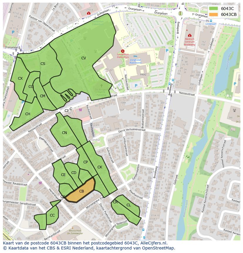 Afbeelding van het postcodegebied 6043 CB op de kaart.