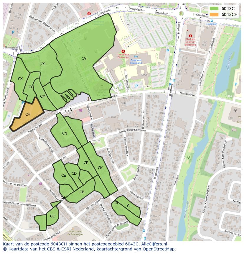 Afbeelding van het postcodegebied 6043 CH op de kaart.