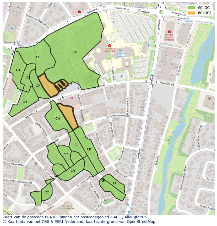 Afbeelding van het postcodegebied 6043 CJ op de kaart.