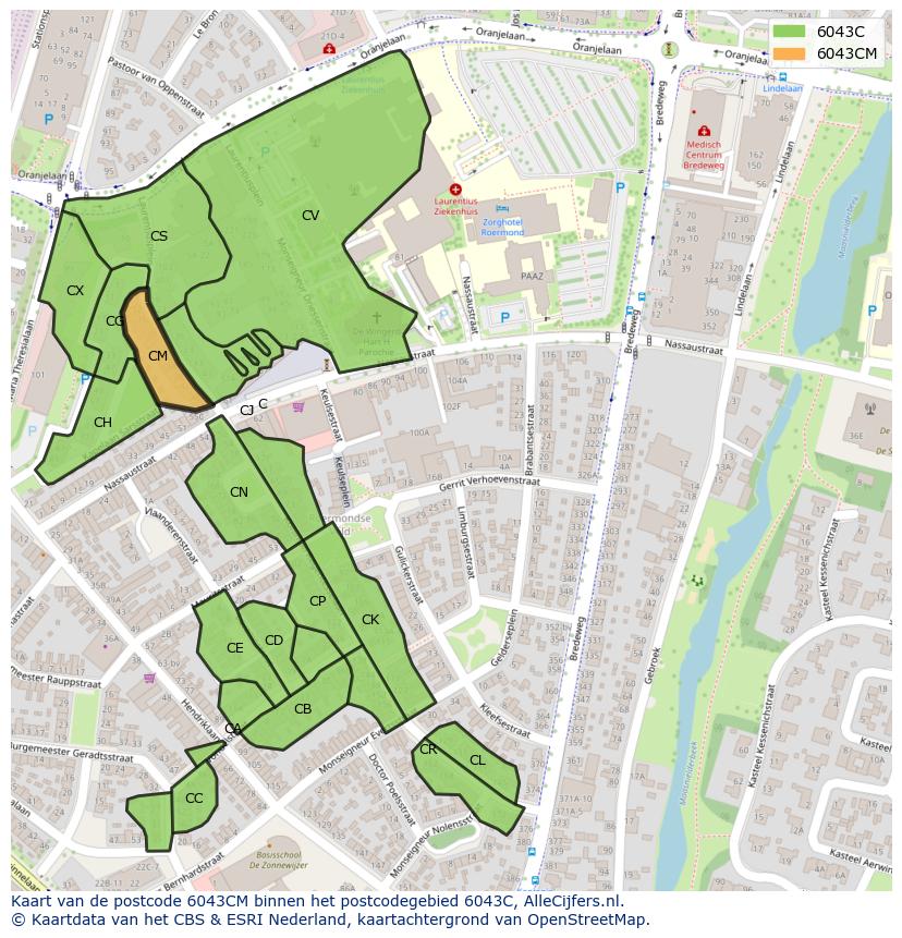 Afbeelding van het postcodegebied 6043 CM op de kaart.