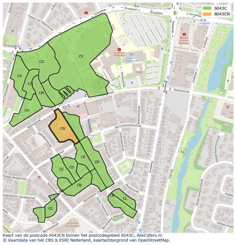 Afbeelding van het postcodegebied 6043 CN op de kaart.