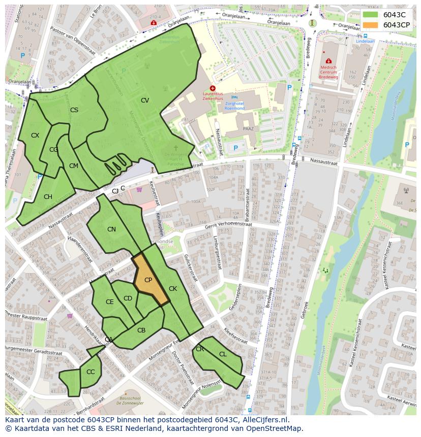 Afbeelding van het postcodegebied 6043 CP op de kaart.