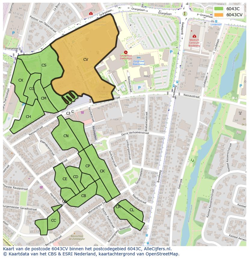 Afbeelding van het postcodegebied 6043 CV op de kaart.