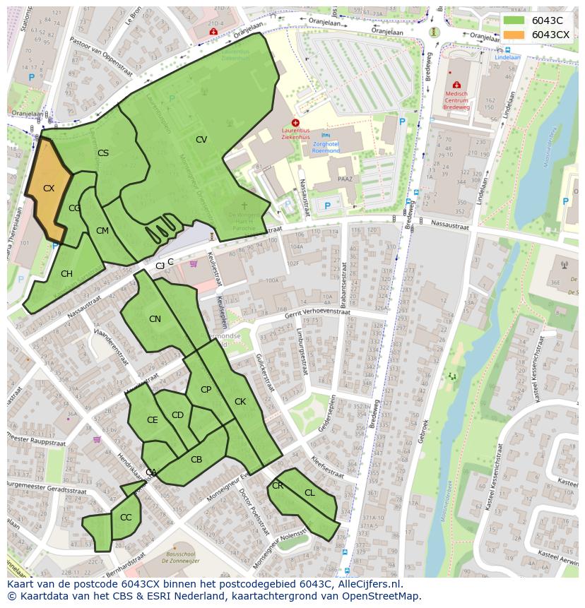 Afbeelding van het postcodegebied 6043 CX op de kaart.