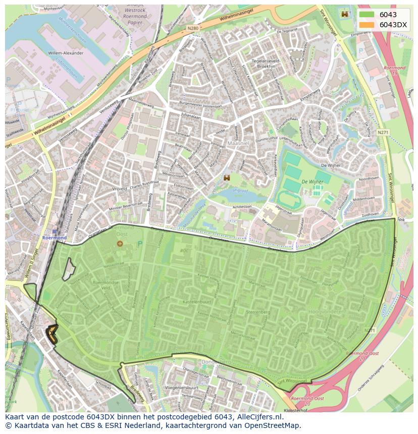 Afbeelding van het postcodegebied 6043 DX op de kaart.